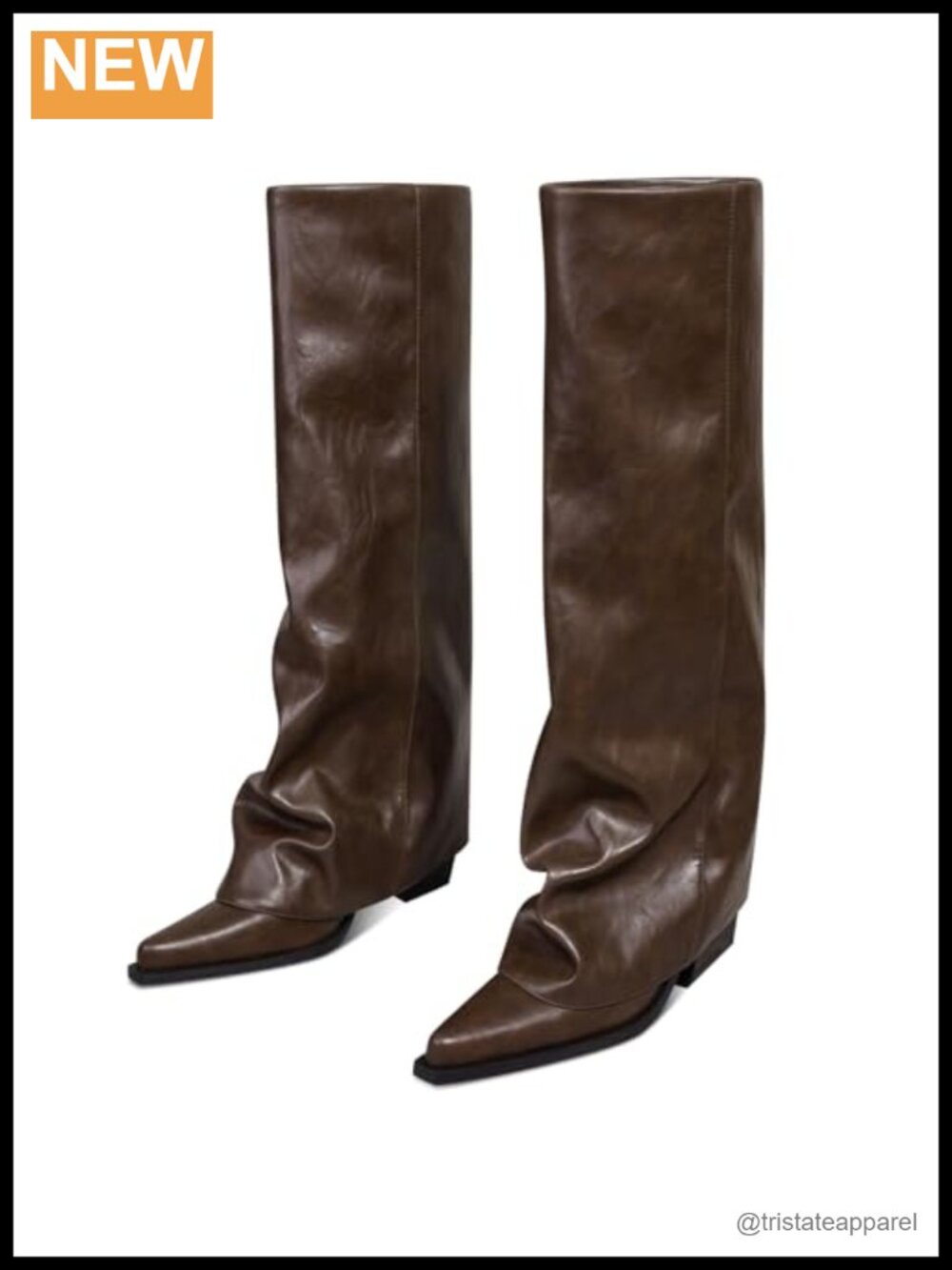 Fold Over Knee High Boots Wide Calf Chunky Heel PU Leather Women's